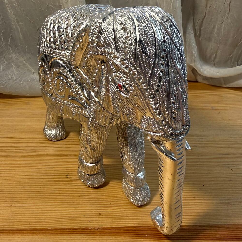 Silver Tone Etched Elephant Figurine Metal India Boho Decor 5.5”